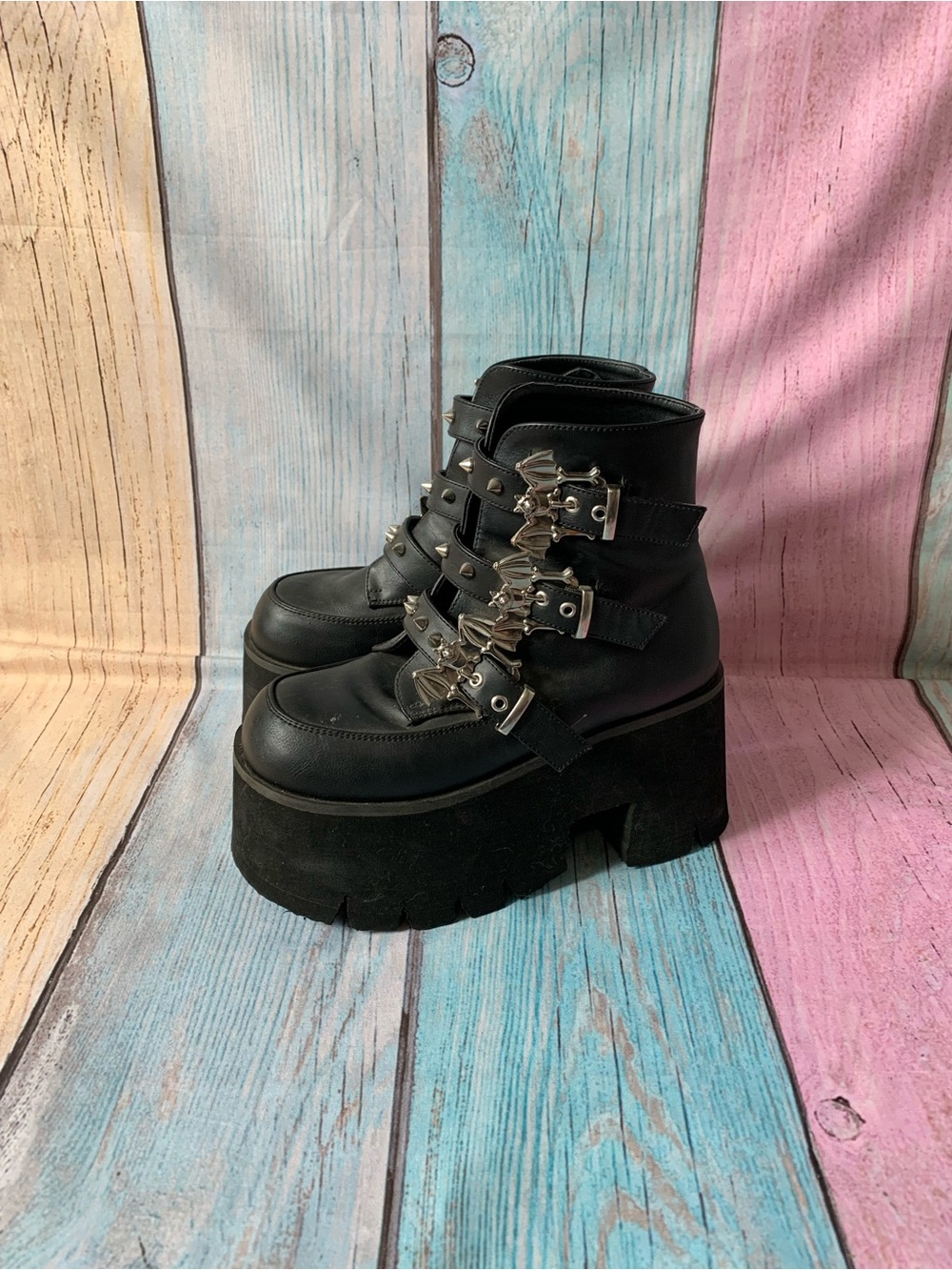 Demonia Black Studded Triple-Strap Platform Boots